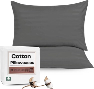 MUSA 100% Cotton Stripe Pillowcases with Envelope Closure - Grey (50 x 90cm, Set of 2)