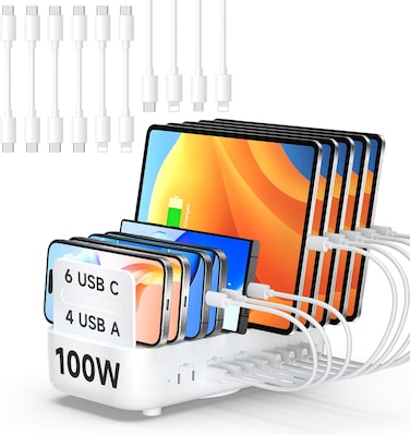 SooPii 100W 10-Port USB Charging Station, 6 USB-C and 4 USB-A Ports, PD Fast Charging Compatible with lPhone,lPad,Galaxy, and ther Electronics, 10 Mixed Charging Cables Included(White)