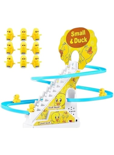 Small Duck Slide Toy,Electric Duck Climbing Stairs Tracks Slide Toy Set,Duck Roller Coaster Toy with Flashing Lights &amp; Music On/Off Button