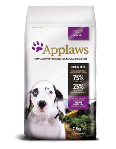 Dog are natural carnivores and they need meat to thrive and to be healthy. Dogs intestines are shorter than that of cows, horses and people, which is adapted to absorb protein contained in meat far better than found in cereals such as wheat, maize and barley. Applaws also contains an active Pro-biotic which may encourage protective and friendly bacteria in the gut to support a healthy digestive system in both puppies and adult dogs. 
 As well as being naturally hypo-allergenic, it contains purified beta glucan from yeast to help improve the immune system. 
 
Applaws Puppy Large Breed - Chicken at a glance: 


A complete feed for large, growing dogs

75% meat, 25% vegetables

Completely free from grains

Shape and texture of kibble ideal for dog's jaws

Made exclusively with natural ingredients

No colourants or attractants, artificial preservatives and flavour enhancers

Natural DHA: support for the development of the brain and ocular function

Probiotic: to help regulate intestinal flora and digestion

Beta-Glucan: rom yeast to help improve &amp; strengthen the immune system

Brewers Yeast Extract:  one of the best sources of the B group vitamins. Necessary for carbohydrate, fat and protein metabolisation

Lingonberry extract: known for its positive effects on the urinary tract, cell ageing and healthy skin &amp; shiny fur

Natural EPA: one of the most important nutrients for brain and nervous system function

Natural glucosamine &amp; chondroitine: can help with active mobility &amp; vitality

Rosemary extract: contains a number of active compounds to boost the immune system and fight free radicals

Salmon Oil: an excellent source of omega 3 &amp; 6 fatty acids for healthy skin &amp; a shiny coat

Taurine: supports heart muscle function and good sight

Vitamin E: helps with cell regeneration, cell protection &amp; muscle function