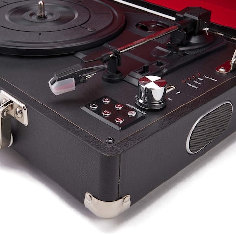 GPO Attache Vinyl Record Player With Built-In Speakers, Vintage Turntable Portable Player Compatible With External Speakers, USB Direct Recording, Jet Black