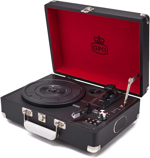 GPO Attache Vinyl Record Player With Built-In Speakers, Vintage Turntable Portable Player Compatible With External Speakers, USB Direct Recording, Jet Black