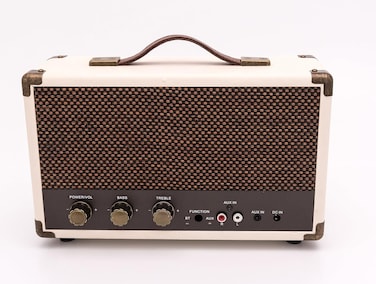 GPO Westwood Retro 25 Watt Speaker With Subwoofer, RCA Input, Bluetooth With Retro Grille And Carry Handle - Cream &amp; Tan