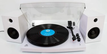 GPO Retro Piccadilly, Record Player, 3-Speed Lp Vinyl Turntable Modern Design, Wireless Bluetooth Enabled With External 18 Watts Stereo Speakers, Auto Stop, White