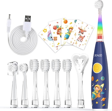 Seago Kids Electric Toothbrushes, Toddler Electric Toothbrush with Colorful Light, 8 Soft Toothbrush Heads, Cute Animal Stickers, Once Full Charger for 60 Days, for Childrens Boys Girls, SG-2159(Blue)