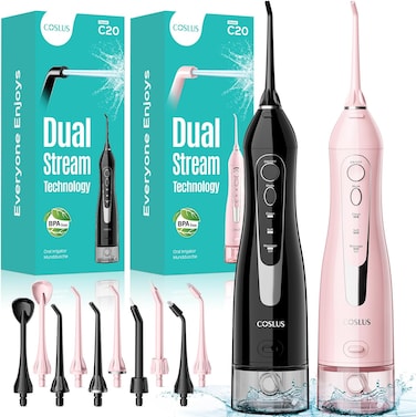 COSLUS Water Dental Flosser Teeth Pick: 2 Pack 300ml Portable Cordless Oral Irrigator,Rechargeable Travel Irrigation Cleaner for Teeth,Gums,Braces Care,Ipx7 Waterproof Electric Flossing C20