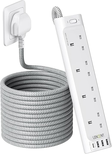 LENCENT 5M Extension Lead with USB Slots, 4 Way Outlets Power Strip with 4 USB Ports, Multi Power Plug Extension with 5M Braided Extension Cord for Home Office, 3250W 13A
