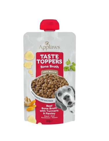 Applaws Taste Toppers Beef Bone Broth with Turmeric &amp; Parsley &ndash; Natural Wet Dog Food Pouch, 200g