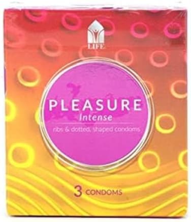 Erotino Life Pleasure Intense Condoms, 3 Units, Ribs &amp; Dots For Maximum Stimulation, Shaped For Comfort, Transparent &amp; Teat Ended