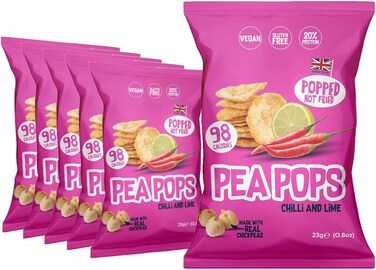 Food Factor Pea Pops Healthy Protein Chips, Delicious Chikpea Crisps 20% Protein Less Fat, Low Calorie, Gluten Free, Vegan Plant based Protein Snacks, Popped (Not Fried) 23g (Chilli &amp; Lime, Pack Of 6)