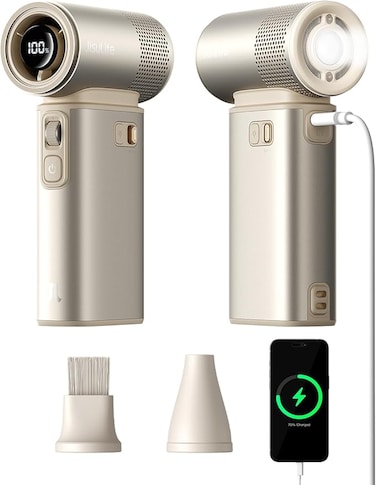 JISULIFE Portable Handheld Fan 5 IN 1, 100 Speed, 9000mAh Max 25 Hrs Mini Fan Rechargeable 18W Power Bank with Flashlight, Ultra Motor, Metal Shell Multi-Function Travel Gifts for Women Men-Brown