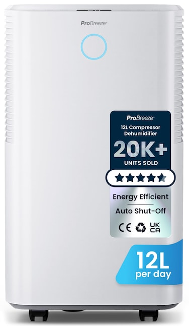 Pro Breeze 12L/Day Dehumidifier with Automatic Humidity Sensor &amp; Display, 24 Hour Timer, Laundry Drying, Continuous Drainage and Sleep Mode for Damp, Mould and Condensation-Model (PB-18-AE)