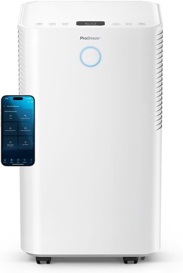 Pro Breeze OmniDry Dehumidifier with App &amp; WiFi, 12 L in 24 Hours Dehumidification Performance - Electric Dehumidifier with Laundry Mode, Moisture Sensor, Timer - Against Mold and Continuous Drainage