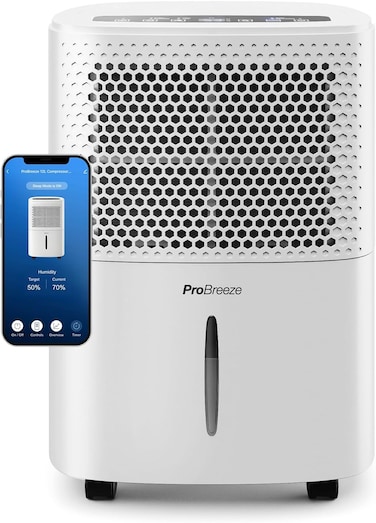 Pro Breeze&reg; 12L/Day Dehumidifier, Smart Compressor Dehumidifier with App, Wi-Fi with Automatic Humidity Sensor &amp; Display, 24-hour Timer, Laundry Drying, Continuous Drainage