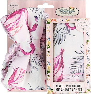 The Vintage Cosmetic Company Make-Up Headband and Shower Cap Set, Pink Flamingo Print