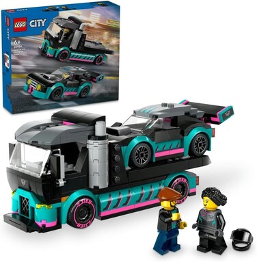 LEGO City Race Car and Car Carrier Truck Toy, Vehicle and Transporter Building Set for 6 Plus Year Old Boys &amp; Girls with Adjustable Loading Ramp, Racer and Driver Minifigures, Fun Gift for Kids 60406