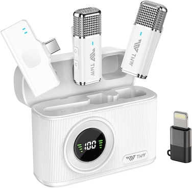 TNW Wireless Lavalier Microphone for iPhone &amp; Android &ndash; Dual Lapel Mic with 70M Range, 45H Battery, Built-in Wind Filter, ANC Noise Cancellation, Ideal for Interviews, Vlogs, Live Streaming (White)
