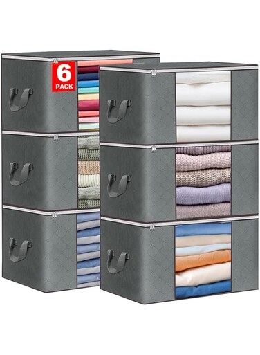 90L Large Storage Bag，6-pack Clothes Storage Bag，Foldable storage Bags For Clothes，with Reinforced Handle Window for Sweaters（Gray) Clothes Sealed Storage.