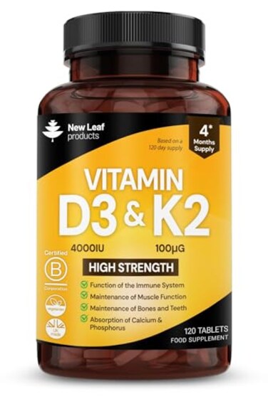 New Leaf Products Vitamin D3 K2, 4000Iu + K2 100Mcg, 4 Months Supply, Supports Immunity, Calcium Absorption And Bone Health, Non-GMO, Uk Made By 120 Vegetarian Tablets,