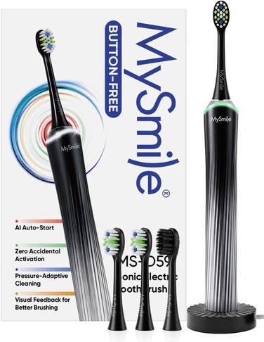 MySmile MS-D59 Button-Free Sonic Electric Toothbrush with Pressure Sensor and Visual Light Ring, Rechargeable Travel Tooth Brushes for Adults, 3 Brush Heads Included, Glacier Noir