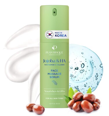 PLANTIFIQUE Korean Jojoba Oil &amp; Hyaluronic Acid Face Massage Serum - Perfect for Gua Sha Facial Tools - Collagen &amp; Niacinamide for Ultimate Hydration and Anti-Aging Glow - for Men &amp; Women