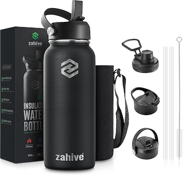 Zahive Stainless Steel Water Bottle 1l with 3 Lids &amp; Bag - Insulated Water Bottle with Straw - 1000ml Double Wall Thermos Flask for Travel Hot &amp; Cold Drinks, Sports, Gym, Leak Proof (32oz, Black)