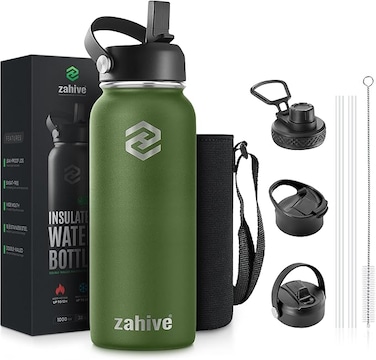 Zahive Stainless Steel Water Bottle 1l with 3 Lids &amp; Bag - Insulated Water Bottle with Straw - 1000ml Double Wall Thermos Flask for Travel Hot &amp; Cold Drinks, Sports, Gym, Leak Proof (32oz, Army Green)