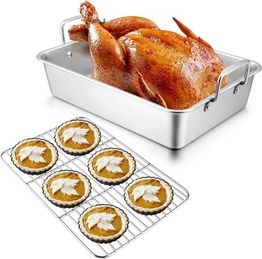 Ooni Large 17" x 12" Roasting Pan - Non Stick Stainless Steel Roasting Tray With Rack And Wooden Carving Meat Board, Ovensafe Cookware, Roaster Tin