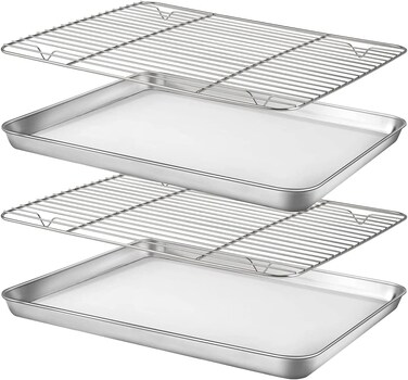 اوني صينية تحميص متوسطة الحجم مقاس 15 انش × 10 انش - صينية تحميص من الستانلس ستيل غير لاصقة مع رف ولوح لحم منحوت خشبي، اواني طهي امنة للفرن، صينية تحميص