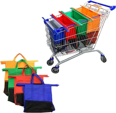 اكياس عربة تسوق قابلة لاعادة الاستخدام من زالكون، شديدة التحمل - 4 عبوات من اكياس البقالة القابلة لاعادة الاستخدام للبقالة مع اكياس تبريد، منظم بقالة مصمم لعربات الترولي