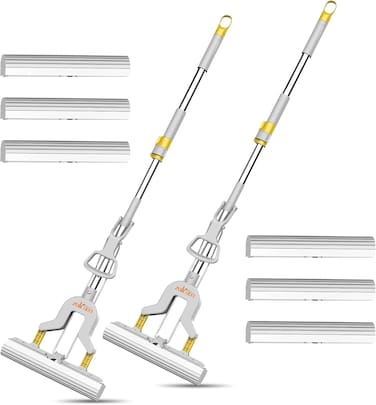 Zalcoon 2 Sponge Mops With 6 Extra Refills, Super Absorbent Foam Sponge Mop, Telescopic Handle, Household Cleaning Tool For Hardwood, Multi-Surface Hard Floors With Mop Holder