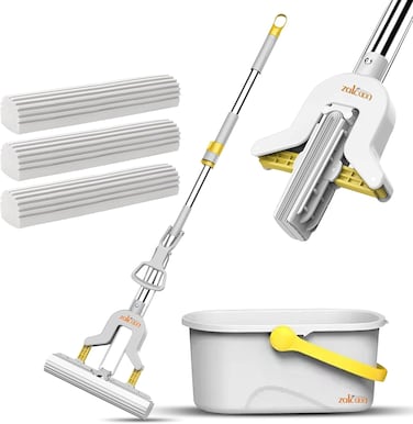 Zalcoon PVA Sponge Mop With Bucket, 3 Extra Ultra Absorbent PVA Sponge Refill, Household Cleaning Tool For Kitchen, Tiles, Multi-Surface Hard Floors