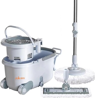 مجموعة ممسحة مزدوجة ودلو من زالكون، تدور 360 درجة (مستديرة ومسطحة) من الستانلس ستيل مع مجموعة عصارة، ممسحة دوارة مسطحة ودائرية وعجلات قابلة للمشي، قطعتين اضافيتين لاعادة التعبئة