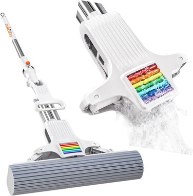 Zalcoon Rainbow Cotton Sponge Mop 13 Inch, Self Squeeze Super Absorbent PVA Sponge Heads, Automatic Sponge Release System, Household Cleaning Tool For Kitchen, Tiles, Multi-Surface Hard Floors