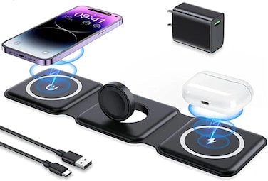 Zalcoon Wireless Charger Foldable 3 In 1 Magnetic Fast Wireless Charging Pad Station Charger Travel Charger For Multiple Devices For Iphone 14/13/12 Series, Airpods 3/2/Pro, Iwatch (Black)
