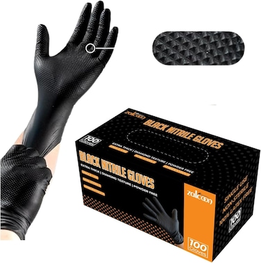 Zalcoon Black Nitrile Gloves, Heavy Duty Industrial Disposable Gloves Latex Free, Powder Free, Mechanic Gloves, Diamond Texture (1Pack X 100 Pieces) - Small