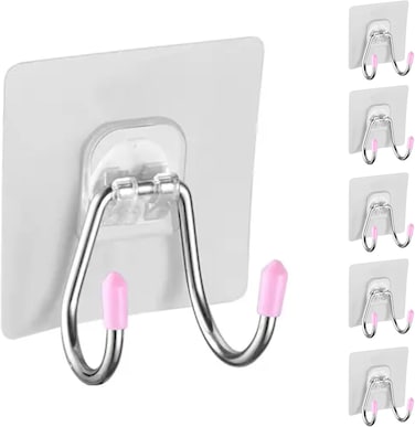 Zalcoon Adhesive Wall Hooks 6 PCS (Double Hooks), Wall Hangers Without Nails Self-Adhesive Traceless Clear And Removable, Waterproof And Rustproof Multiple Uses For Bathroom Kitchen Home