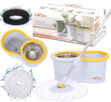 Zalcoon Spin Mop And Bucket With Wringer Set, 360&deg; Spinning Mop And Bucket System With 2 Replacement Heads, Stainless Steel Adjustable Handle And Scrub Brush For Floor Cleaning (Grey)