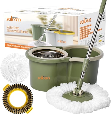 ممسحة دوارة ودلو مع مجموعة عصارة، ممسحة دوارة 360 درجة ونظام دلو مع راسين بديلين، مقبض قابل للتعديل من الستانلس ستيل وفرشاة فرك لتنظيف الارضيات (اخضر)