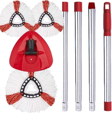 Zalcoon 3 Spin Mop Heads Replacement, Handle &amp; Base Compatible With Vileda Easy Wring/O Cedar, Spin Mop Head Replacement For Floor Cleaning, Triangle Shape (Red &amp; White)