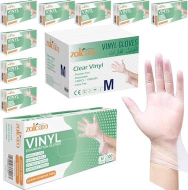 Zalcoon Vinyl Disposable Clear Examination Gloves4.5G, Powder-Free, Food-Safe, Smooth, Non-Sterile, Case Of 1000 (100 Pieces X 10 Packs)