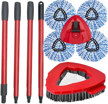 Zalcoon 4 Spin Mop Heads Replacement, Handle Base &amp; Scrub Brush Compatible With Vileda Easywiring Head Replacement For Floor Cleaning, Triangle Shape (Blue)