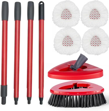 Zalcoon 4 Spin Mop Replace Refill, Handle, Scrub Brush, &amp; Base Mop Head Compatible With Vileda/O-Cedar Easy Wring Spin Mop, Floor Scrubber, 40% More Cleaning Power, Scrub Pad (White)