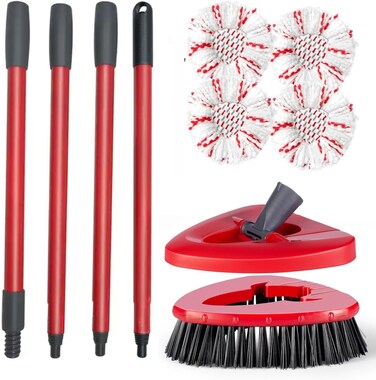 Zalcoon 4 Spin Mop Replace Refill, Handle, Scrub Brush, &amp; Base Mop Head Compatible With Vileda/O-Cedar Easy Wring Spin Mop, Floor Scrubber, 40% More Cleaning Power, Scrub Pad (Red)