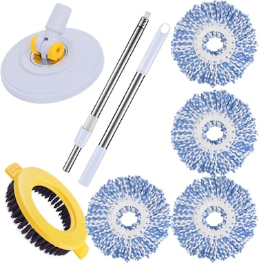 Zalcoon 4 Spin Mop Heads Replacement, Handle, Scrub Brush &amp; Base Compatible With Spin Mop &amp; Bucket Set Accessories For Floor Cleaning, Round Shape (Blue)