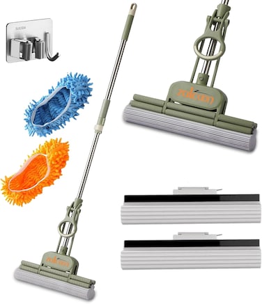 Zalcoon PVA Quadruple Rollers Telescopic Sponge Mop 33cm, 2 Extra Super Absorbent PVA Sponge Refill, 2 Mop Slippers &amp; 1 Mop Holder, Household Cleaning Tool For Kitchen, Tiles, Multi-Surface Hard Floor