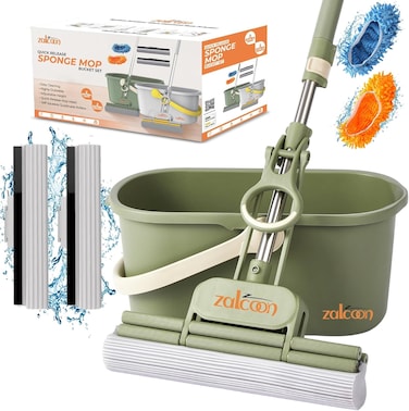 ممسحة اسفنجية رباعية الاسطح مصنوعة من بلاستيك PVA من زالكون، 33 سم مع دلو، 2 اسفنجة فائقة الامتصاص قابلة لاعادة التعبئة و2 شبشب موب, اداة تنظيف منزلية للمطبخ والبلاط والارضيات الصلبة متعددة الاسطح