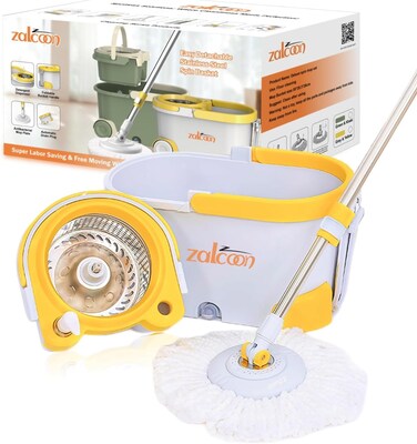 Zalcoon Spin Mop &amp; Bucket Set Automatic Hands-Free Spinning System (No Manual Pedal), 360&deg; Easy-Move Bucket With Wheels, Stainless Steel Handle, 2 Microfiber Mop Heads, Scrub Brush For All Floor Types