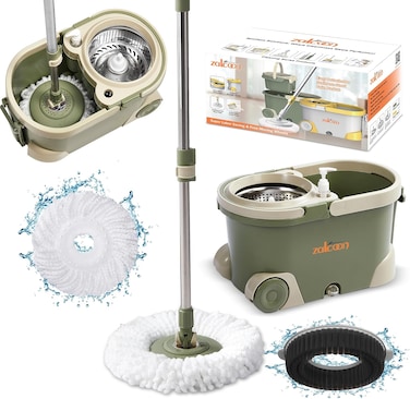 Zalcoon Spin Mop And Bucket With Wringer Set, Telescopic Handle For Floor Cleaning, 360&deg; Spinning Mop Bucket With 2 Wheels Easy Moving, Extra Microfiber Mop Pads And Scrub Brush (Olive Green)
