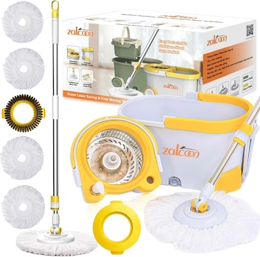 Zalcoon Spin Mop And Bucket With Wringer Set, Telescopic Handle For Floor Cleaning, 360&deg; Spinning Mop Bucket With Extra 4 Microfiber Mop Pads And One Scrub Brush (Grey)